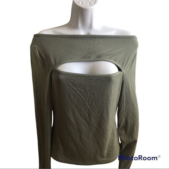 7 ForAll Mankind Light Olive Cutout Front Ribbed Knit Long Sleeves Top Sz M NEW - Picture 4 of 10